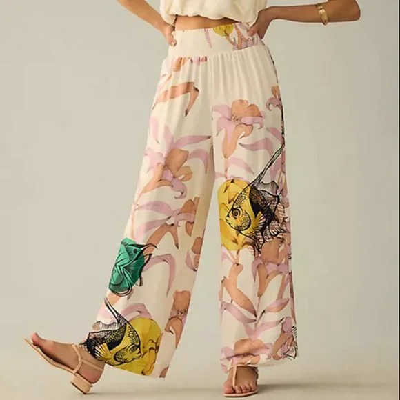 Anthropologie Pia Binazzi XSP NWT Graphic Floral Wide-Leg Pants Fish XS Petite